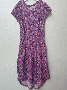 GUC LuLaRoe Kids sz 10-12 Pink and blue tshirt Midi Dress w/pockets